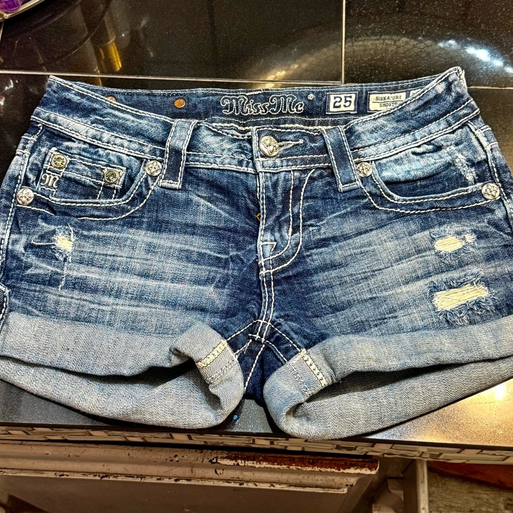 Miss Me Distressed Blue Jean Shorts
